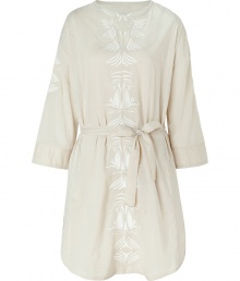 Bring romantic boho-inspired style to your day look with this lovely dress from Hoss Intropia - Round neck with V cut out, bell sleeves with stitching details at cuff, belted waist, floral embroidery down front, back and sleeves, relaxed silhouette - Pair with an oversized cardigan, chunky platform sandals, and a fringed shoulder bag