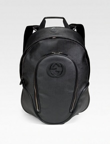 Interlocking G detail backpack in Black Plus fabric with leather trim. Zip closure Front zip pocket Adjustable nylon straps 13½W X 19¼H X 6D Made in Italy Interlocking G detail backpack in Black Plus fabric with leather trim. Zip closure Front zip pocket Adjustable nylon straps 13½W X 19¼H X 6D Made in Italy