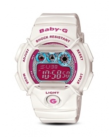 The Baby-G digital watch brightens wrists with bright hues and up-to-the-minute technology. Features include EL backlight with Afterglow, world time, 29 time zones, 4 daily alarms, countdown timer, full auto calendar and 12/24 hour formats. From Casio.