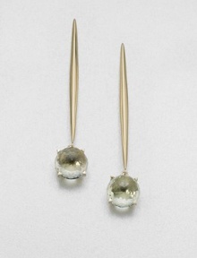Faceted cabochons of softly hued green amethyst suspend elegantly from modern sculptural drops of 14k gold.Green amethyst14k yellow goldLength, about 2½Post backMade in USA