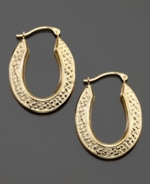 These 14k gold hoop earrings feature comforting design for every day. Approximate diameter: 1/2 inch. Approximate length: 1 inch. These 14k gold hoop earrings feature comforting design for every day. Approximate diameter: 1/2 inch. Approximate length: 1 inch.