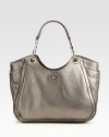 Sumptuous metallic leather takes on a contoured shape in this roomy carryall, topped with leather and chain handles.Double top handles, 7½ dropTwo outside open pocketsProtective metal feetOne inside zip pocketTwo inside open pocketsFully lined13W X 7½H X 5½DMade in Italy