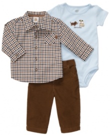 Keep your best buddy looking and feeling good in this handsome 3-piece bodysuit, shirt and pant set from Carter's. Keep your best buddy looking and feeling good in this handsome 3-piece bodysuit, shirt and pant set from Carter's.