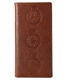 Keep your travel documents organized within this travel wallet by Fossil designed with vintage clocks and made from 100% leather.