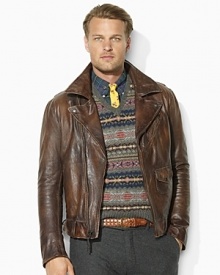 The ruggedly refined Sierra jacket conjures images of the open road and classic moto style with its Italian leather shell, asymmetrical zip front and lace-up detailing. The ruggedly refined Sierra jacket conjures images of the open road and classic moto style with its Italian leather shell, asymmetrical zip front and lace-up detailing.