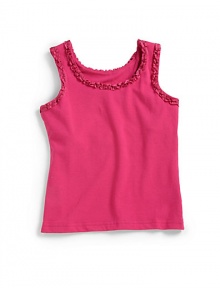 THE LOOKFitted stretch fabricTank stylingSleevelessRuffled ribbon trim at neck and armholesLined bodiceTHE MATERIAL95% cotton/5% spandexCARE & ORIGINMachine washImported THE LOOKFitted stretch fabricTank stylingSleevelessRuffled ribbon trim at neck and armholesLined bodiceTHE MATERIAL95% cotton/5% spandexCARE & ORIGINMachine washImported