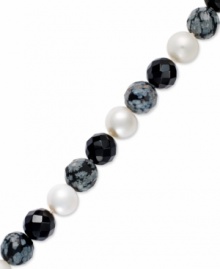 Ebony and ivory. A pretty combination of cultured freshwater pearls (8 mm), onyx (12 mm) and agate (12 mm) adorn this elegant sterling silver strand bracelet. Approximate length: 7 inches.