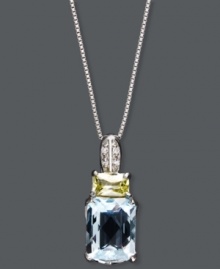 A subtle mix of color creates the perfect palette. This petite pendant combines emerald cushion-cut blue topaz (5-1/2 ct. t.w.) and rectangular-cut peridot (5/8 ct. t.w.) with sparkling diamond accents at the bail. Setting and chain crafted in sterling silver. Approximate length: 18 inches. Approximate drop: 3/4 inch. A subtle mix of color creates the perfect palette. This petite pendant combines emerald cushion-cut blue topaz (5-1/2 ct. t.w.) and rectangular-cut peridot (5/8 ct. t.w.) with sparkling diamond accents at the bail. Setting and chain crafted in sterling silver. Approximate length: 18 inches. Approximate drop: 3/4 inch.