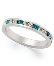 Traditions beautiful stacking ring is perfect when paired with other slim rings, but makes a pretty sparkling statement all its own. Crafted in sterling silver, a thin band features round-cut light blue and clear crystals with Swarovski elements. Size 5-10. Traditions beautiful stacking ring is perfect when paired with other slim rings, but makes a pretty sparkling statement all its own. Crafted in sterling silver, a thin band features round-cut light blue and clear crystals with Swarovski elements. Size 5-10.