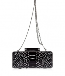 Chic clutch in fine, black leather - Elegant, on-trend python look - Rectangular box shape with contrasting hardware - Practical hard-shell design - Removable silver chain link strap - Tubular detail at snap closure - Versatile and polished, a must for cocktails, dinners and parties - Roomy enough to fit all of the evening essentials Chic clutch in fine, black leather - Elegant, on-trend python look - Rectangular box shape with contrasting hardware - Practical hard-shell design - Removable silver chain link strap - Tubular detail at snap closure - Versatile and polished, a must for cocktails, dinners and parties - Roomy enough to fit all of the evening essentials