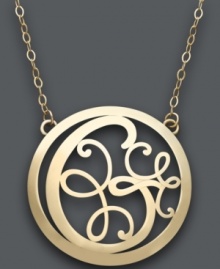 Trend setting style. This popular pendant combines a sweet scrolling design with the letter G. Circular setting and chain crafted in 14k gold. Approximate length: 17 inches. Approximate drop: 1 inch. Trend setting style. This popular pendant combines a sweet scrolling design with the letter G. Circular setting and chain crafted in 14k gold. Approximate length: 17 inches. Approximate drop: 1 inch.
