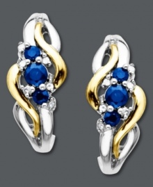 Complete elegance. J-hoops adorned with sparkling round-cut sapphires (1/2 ct. t.w.) and diamonds (1/3 ct. t.w.) make any look extraordinary. Crafted in sterling silver and 14k gold. Approximate diameter: 1/2 inch. Complete elegance. J-hoops adorned with sparkling round-cut sapphires (1/2 ct. t.w.) and diamonds (1/3 ct. t.w.) make any look extraordinary. Crafted in sterling silver and 14k gold. Approximate diameter: 1/2 inch.