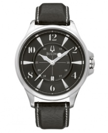 With timeless charm and expert precision, the perfect casual watch from Bulova. Black leather strap with contrast stitch. Silvertone stainless steel round case and round black dial with subdial, date window, logo and numeral indices. Quartz movement. Water resistant to 50 meters. Three-year limited warranty.