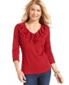 Karen Scott's cotton top is a feminine take on the classic V-neck, complete with ruffled trim and versatile colors to choose from!