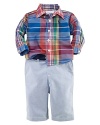 A classically preppy set includes a madras button-down shirt, woven oxford pants and a coordinated grosgrain belt.