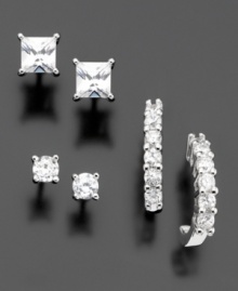 Three versatile styles, perfect for every day. B. Brilliant set includes three pairs, all crafted in sterling silver: round-cut cubic zirconia hoops (1 ct. t.w.), round-cut studs (1/3 ct. t.w.) and princess-cut studs (3/4 ct. t.w.). Three versatile styles, perfect for every day. B. Brilliant set includes three pairs, all crafted in sterling silver: round-cut cubic zirconia hoops (1 ct. t.w.), round-cut studs (1/3 ct. t.w.) and princess-cut studs (3/4 ct. t.w.).