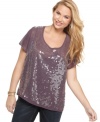 Dress up any outfit with Eyeshadow's short sleeve plus size top, showcasing a sequined front.