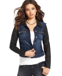 Two-tone washes add a chic spin to this GUESS? jean jacket for a fashion-forward look! Two-tone washes add a chic spin to this GUESS? jean jacket for a fashion-forward look!