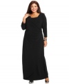 Look sensational and slender with Elementz' three-quarter sleeve plus size maxi dress, featuring a slimming panel inset and faux wrap design.