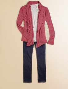 A stunning striped layer with ribbed sleeves and a stylish draped front.Mockneck collarDraped, open frontLong sleeves with ribbingHi/lo hem61% polyester/39% rayonMachine washImported A stunning striped layer with ribbed sleeves and a stylish draped front.Mockneck collarDraped, open frontLong sleeves with ribbingHi/lo hem61% polyester/39% rayonMachine washImported