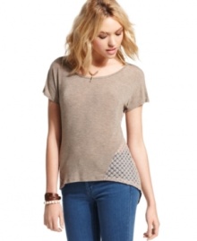 Give your standard tees a rest and opt for this high-low style from Eyeshadow that incorporates awesome crochet-knit insets! Give your standard tees a rest and opt for this high-low style from Eyeshadow that incorporates awesome crochet-knit insets!