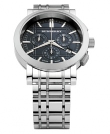This Burberry timepiece features a stainless steel bracelet and round case. Anthracite-colored etched check chronograph dial with date window at four o'clock, three subdials and silver tone indices. Three hands. Swiss movement. Water resistant to 30 meters. Two-year limited warranty. This Burberry timepiece features a stainless steel bracelet and round case. Anthracite-colored etched check chronograph dial with date window at four o'clock, three subdials and silver tone indices. Three hands. Swiss movement. Water resistant to 30 meters. Two-year limited warranty.