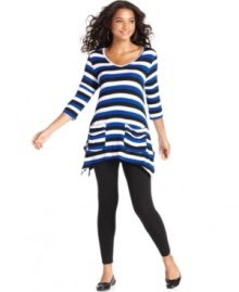 Create a relaxed look with Cha Cha Vente's striped knit tunic. The asymmetrical hem is a chic on-trend touch, too!