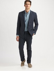 Slim-straight fit trouser in a spotted wool finish, treated to give the slubby-feel of a cozy, casual pant.Flat-front styleSide slash, back welt pocketsInseam, about 30WoolDry cleanImported