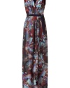 Luxurious dress in printed silk - Abstract floral print in brown and blue tones - Short V-neck d?collet? - The top is draped in small smocked folds, is sleeveless - Narrow waist belt - Slim, floor-length pleated skirt - The dress is a mix of cocktail and evening dress, perfect for a not too grand, but glamorous evening