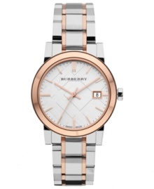 A touch of rose adds modern appeal to this timepiece from iconic British fashion house, Burberry. A touch of rose adds modern appeal to this timepiece from iconic British fashion house, Burberry.