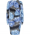 Unique cocktail dress in fine blue-patterned stretch fiber - Stylish, colorful print with subtle floral suggestions, typical of designer Peter Pilotto - Slim silhouette with feminine draping - Fitted with a small round neck and modern long, slim sleeves - Short shirt - Wear with platform heels, leather jacket and simple clutch