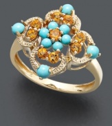 Statement rings are all the rage -- the more colorful, the better! Capture the style with this eye-popping piece featuring round-cut turquoise (3/8 ct. t.w.) and round-cut citrine (1/4 ct. t.w.) in an ornate 14k gold setting.