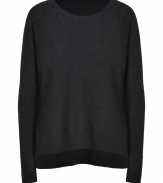Cozy and contemporary, Vinces side-button pullover is a cool way to give your knitwear collection an understated modern edge - Wide neckline, long sleeves, dropped shoulders, ribbed trim, allover textural knit, concealed buttoned slit sides, longer back - Easy fit - Wear with tissue tees and favorite skinnies for a Downtown-cool look