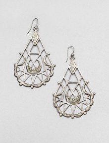 From the Black Label Collection. A tapered medallion is striking in these lacy, latticed drops that display ancient symbols.Silverplated brassDrop, about 3Ear wireMade in USA