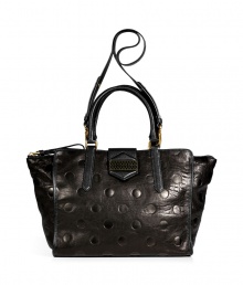 A darling addition to your Downtown look, Marc by Marc Jacobs dot embossed tote is perfect for carrying around your everyday essentials - Textural leather tab with black and gold-toned dotted logo plaque, magnetic snap closure underneath, removable buckled shoulder strap, top zip closure, inside zippered back wall pocket, 2 front wall slot pockets - Wear with a leather jacket, skinnies and ankle boots A darling addition to your Downtown look, Marc by Marc Jacobs dot embossed tote is perfect for carrying around your everyday essentials - Textural leather tab with black and gold-toned dotted logo plaque, magnetic snap closure underneath, removable buckled shoulder strap, top zip closure, inside zippered back wall pocket, 2 front wall slot pockets - Wear with a leather jacket, skinnies and ankle boots