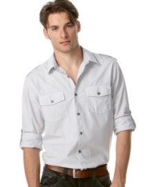 Fine stripes and military details add modern edge to this comfortable, casual button-down from American Rag. Fine stripes and military details add modern edge to this comfortable, casual button-down from American Rag.