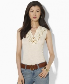 Essential for the warmer months, Lauren Jeans Co.'s V-neck tank in light and airy waffle-knit cotton exudes modern femininity with chic lace-up detailing and breezy ruffles at the placket.