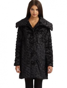 THE LOOKOver-sized shirt collar Front button closure Long sleeves Faux fur design Fully linedTHE FITAbout 33 ½ from shoulder to hemTHE MATERIALPolyesterCARE & ORIGINDry clean Imported THE LOOKOver-sized shirt collar Front button closure Long sleeves Faux fur design Fully linedTHE FITAbout 33 ½ from shoulder to hemTHE MATERIALPolyesterCARE & ORIGINDry clean Imported