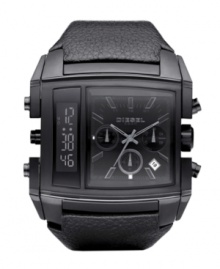 Step into the future with this ultra-modern watch by Diesel. Black leather strap and square black ion-plated stainless steel case. Black chronograph dial features digital display at left and analog display at right with silvertone stick indices, date window, three subdials and logo. Quartz movement. Water resistant to 50 meters. Two-year limited warranty. Step into the future with this ultra-modern watch by Diesel. Black leather strap and square black ion-plated stainless steel case. Black chronograph dial features digital display at left and analog display at right with silvertone stick indices, date window, three subdials and logo. Quartz movement. Water resistant to 50 meters. Two-year limited warranty.