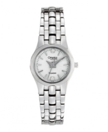 Contemporary touches add modern appeal to this classically handsome watch by Caravelle by Bulova. Silver tone mixed metal bracelet and round case. Textured silver tone dial features diamond accents at twelve and six o'clock, stick indices, black minute track, three hands and logo. Quartz movement. Water resistant to 30 meters. Two-year limited warranty. Contemporary touches add modern appeal to this classically handsome watch by Caravelle by Bulova. Silver tone mixed metal bracelet and round case. Textured silver tone dial features diamond accents at twelve and six o'clock, stick indices, black minute track, three hands and logo. Quartz movement. Water resistant to 30 meters. Two-year limited warranty.