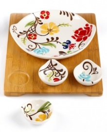 Pairing hand-painted florals and sleek bamboo, the Jardine entertaining set dishes out colorful fresh-for-spring style with every serving. Use for a main dish and toppings or chips and dips. Pairing hand-painted florals and sleek bamboo, the Jardine entertaining set dishes out colorful fresh-for-spring style with every serving. Use for a main dish and toppings or chips and dips.