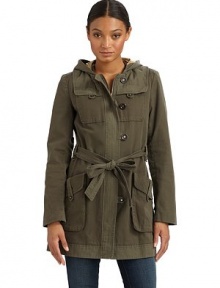 Sharply tailored utility look styled with tonal fabric inserts, a tie-belt and rhinestone-embellished buttons.Hooded silhouette Concealed front zipper Button-and-loop front Long sleeves with button details Tie-belt Button flap pockets Dual vented hem with buttons at back Fully lined About 30 from shoulder to hem Shell: 97% cotton/3% elastane Second fabric: 55% flax/45% cotton Dry clean Imported Sharply tailored utility look styled with tonal fabric inserts, a tie-belt and rhinestone-embellished buttons.Hooded silhouette Concealed front zipper Button-and-loop front Long sleeves with button details Tie-belt Button flap pockets Dual vented hem with buttons at back Fully lined About 30 from shoulder to hem Shell: 97% cotton/3% elastane Second fabric: 55% flax/45% cotton Dry clean Imported