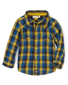 Colorful plaid peps up this Pearls & Popcorn sport shirt--a cool weather essential with jeans or corduroys. Colorful plaid peps up this Pearls & Popcorn sport shirt--a cool weather essential with jeans or corduroys.