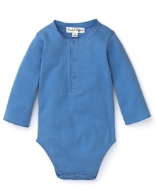 This blue Pearls & Popcorn bodysuit features a classic henley placket for boyish perfection. This blue Pearls & Popcorn bodysuit features a classic henley placket for boyish perfection.