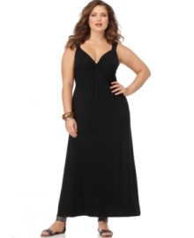 Lounge in style with Spense's sleeveless plus size maxi dress, featuring a knotted front-- it's one of the season's hottest looks! Lounge in style with Spense's sleeveless plus size maxi dress, featuring a knotted front-- it's one of the season's hottest looks!