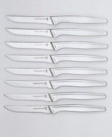 Slick and sleek with clean lines, the blades in this eight-piece knife set never need sharpening thanks to a serrated cutting edge. Continuous stainless steel blades and handles resist corrosion. One-piece construction assures dependability. Dishwasher safe. Lifetime warranty. Model 3909-800. Slick and sleek with clean lines, the blades in this eight-piece knife set never need sharpening thanks to a serrated cutting edge. Continuous stainless steel blades and handles resist corrosion. One-piece construction assures dependability. Dishwasher safe. Lifetime warranty. Model 3909-800.