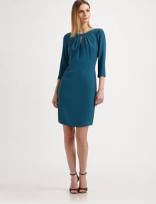 Impeccably tailored for a sleek silhouette, finished with a pleated keyhole detail.Jewel neckline with pleats and keyhole detailThree-quarter sleevesConcealed back zipAbout 21 from natural waist57% acetate/43% viscoseDry cleanMade in Italy of imported fabricModel shown is 5'10½ (179cm) wearing US size 4.OUR FIT MODEL RECOMMENDS ordering true size. Impeccably tailored for a sleek silhouette, finished with a pleated keyhole detail.Jewel neckline with pleats and keyhole detailThree-quarter sleevesConcealed back zipAbout 21 from natural waist57% acetate/43% viscoseDry cleanMade in Italy of imported fabricModel shown is 5'10½ (179cm) wearing US size 4.OUR FIT MODEL RECOMMENDS ordering true size.