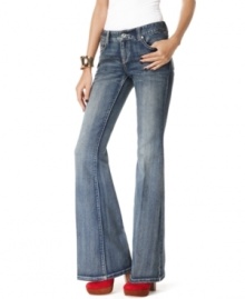 Flared and fitted to your curves, INC's studded and rhinestone-trimmed jeans get the wide-leg look just right!