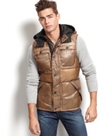 Look edgy while staying warm with this distressed metallic look puffer vest by Guess Jeans. Look edgy while staying warm with this distressed metallic look puffer vest by Guess Jeans.