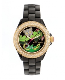 Every minute counts in the jungle. Keep track with this bold watch by Betsey Johnson. Black ceramic bracelet and round case. Gold tone bezel embellished with crystal accents. Black enamel dial features crystal-accented silver tone tiger face, multicolored snake, green leaves, luminous gold tone hour and minute hands, signature fuchsia second hand and logo. Quartz movement. Water resistant to 50 meters. Two-year limited warranty.